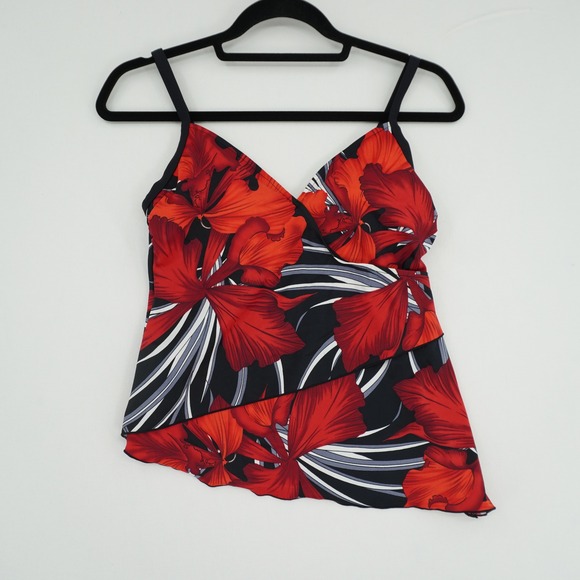 Caribbean Joe Other - Caribbean Joe Red Tropical Floral Tankini Swim Top Asymmetrical Wrap Size 8